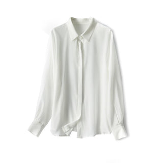 Buy white Women Silk Dress Shirts Solid Long Sleeved Button Chic Blouses