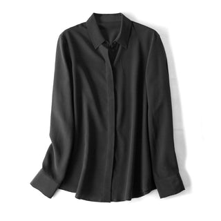 Buy black Women Silk Dress Shirts Solid Long Sleeved Button Chic Blouses