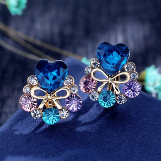 Buy gold-heart New Rhinestone Crystal Heart Bowknot Clip on Earrings for Women