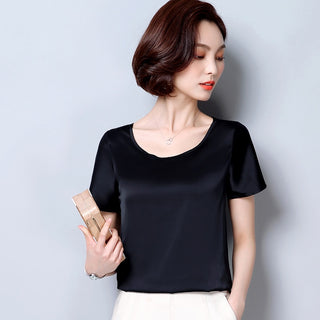 Buy black Womens tops and blouses 2022 shirts casual Silk O-neck sling top satin short sleeve stretch