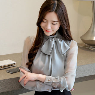 Buy gray fashion womens tops and blouses 2022 solid bow stand collar