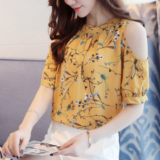 Buy yellow New Chiffon Print  Floral Shirt For Womens Elegant Open Shoulder Blouses