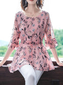 Women Spring Summer Style Chiffon Blouses Casual Short Sleeve O-Neck Solid Print