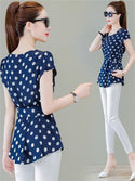 Women Spring Summer Style Chiffon Blouses Casual Short Sleeve O-Neck Solid Polka Dot