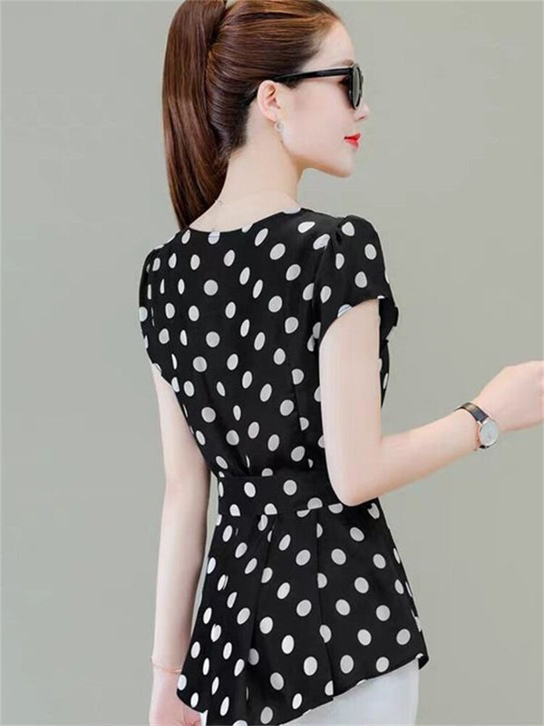 Women Spring Summer Style Chiffon Blouses Casual Short Sleeve O-Neck Solid Polka Dot