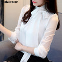 fashion womens tops and blouses 2022 solid bow stand collar