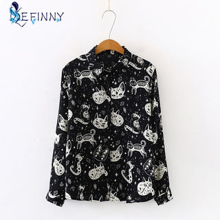 Buy black Women Shirt Cat Pattern Printed Personality Tops and Blouses Fashion