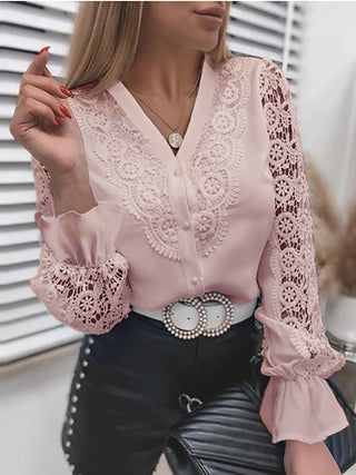 Buy pinkv-neck White Collared Lace Patchwork Hollow Out Button Up Womens Tops And Blouses 2022 Fashion New Blouse