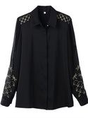 Women Spring Autumn Style Chiffon Blouses Shirts Embroidery Long Sleeve Turn-down Collar Lace Decor