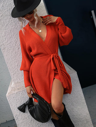 Buy orange Belted Surplice Lantern Sleeve Wrap Sweater Dress