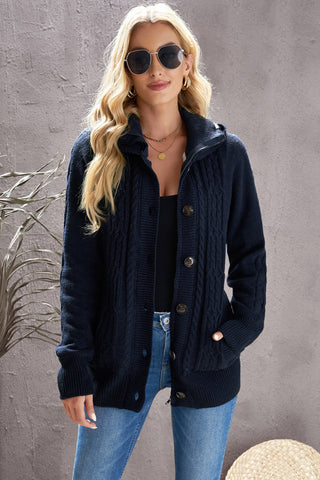 Buy navy-blue Cable-Knit Fleece Lining Button-Up Hooded Cardigan