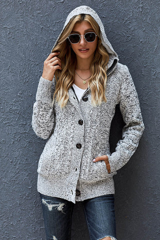 Buy gray Cable-Knit Fleece Lining Button-Up Hooded Cardigan