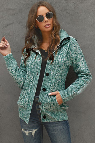 Buy green Cable-Knit Fleece Lining Button-Up Hooded Cardigan