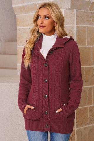 Buy wine Cable-Knit Fleece Lining Button-Up Hooded Cardigan