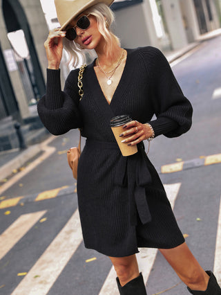 Buy black Belted Surplice Lantern Sleeve Wrap Sweater Dress